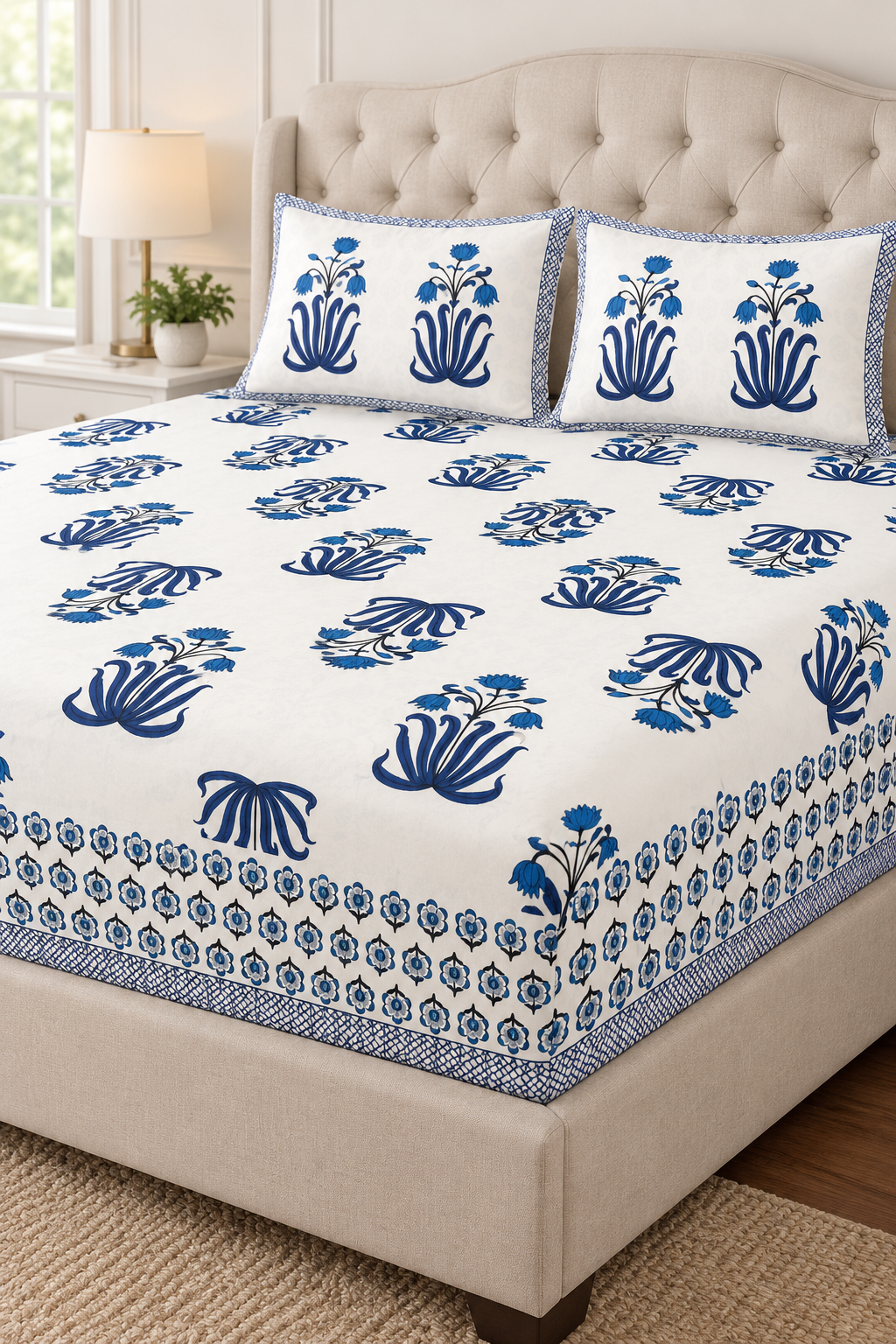 Blue Botanical Queen Fitted Bedsheet Set – Off-White Floral Print