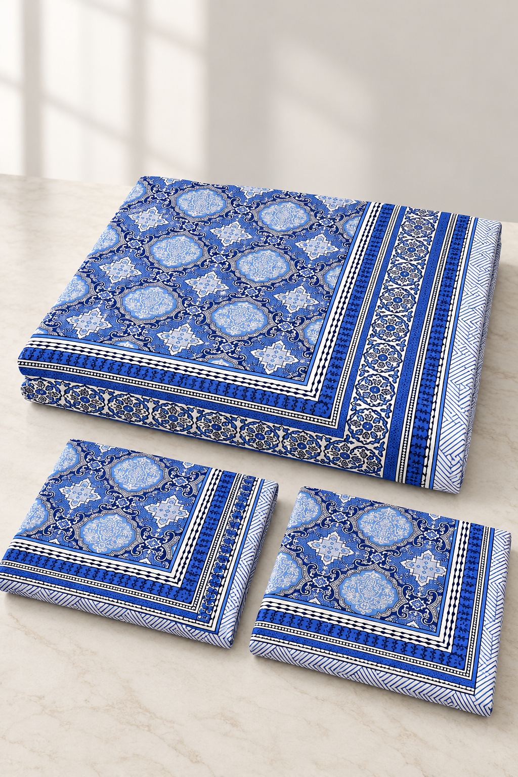 Royal Blue Medallion Queen Flat Bedsheet Set with 2 Pillow Covers