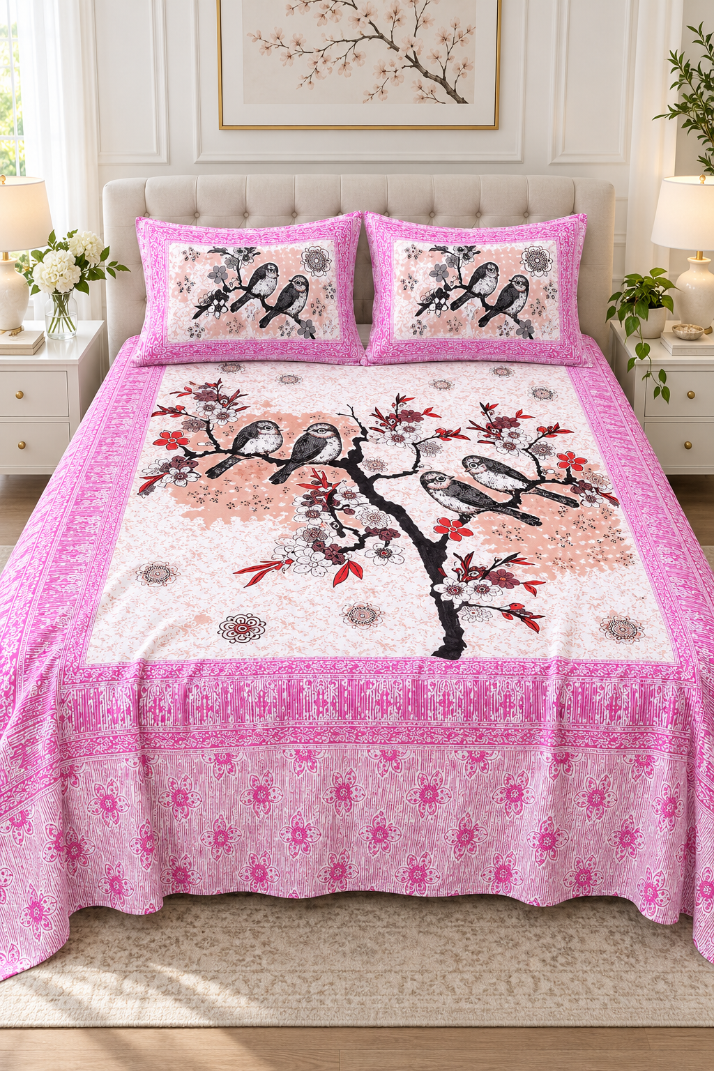 Queen Size Flat Bedsheet with Matching Pillowcases – Pink Bird & Blossom Print