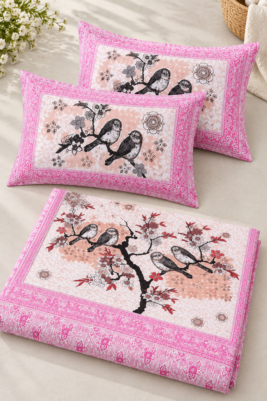 Queen Size Flat Bedsheet with Matching Pillowcases – Pink Bird & Blossom Print