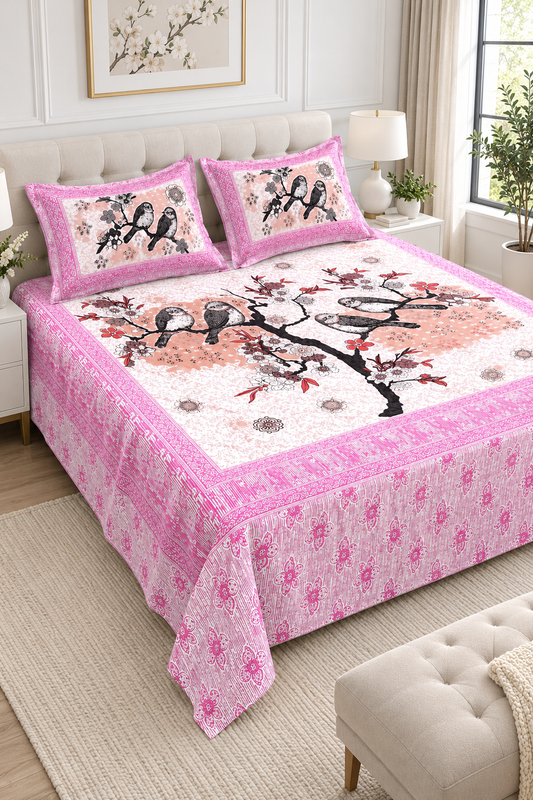 Queen Size Flat Bedsheet with Matching Pillowcases – Pink Bird & Blossom Print