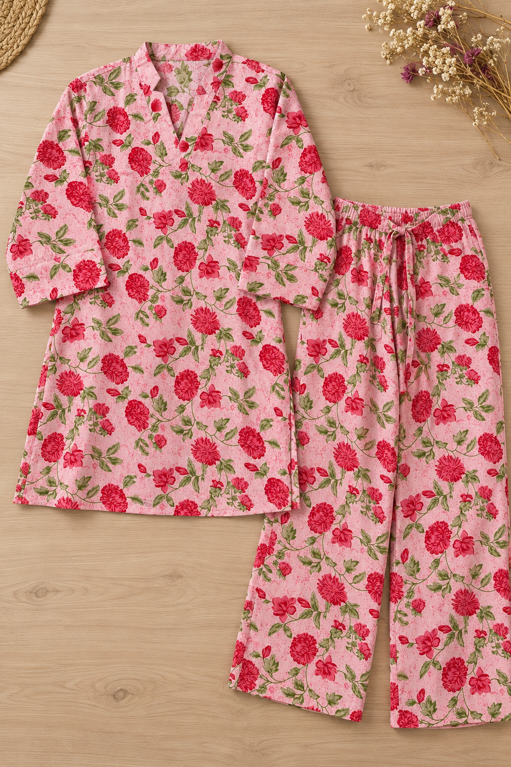 Blush Pink Floral Co-ord Set – Notched Neck Tunic & Matching Pants