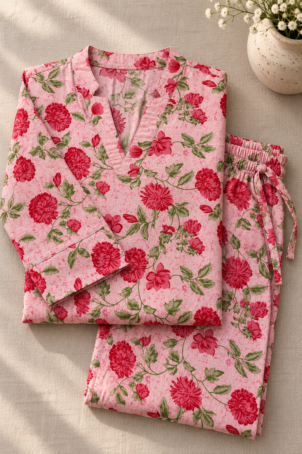 Blush Pink Floral Co-ord Set – Notched Neck Tunic & Matching Pants