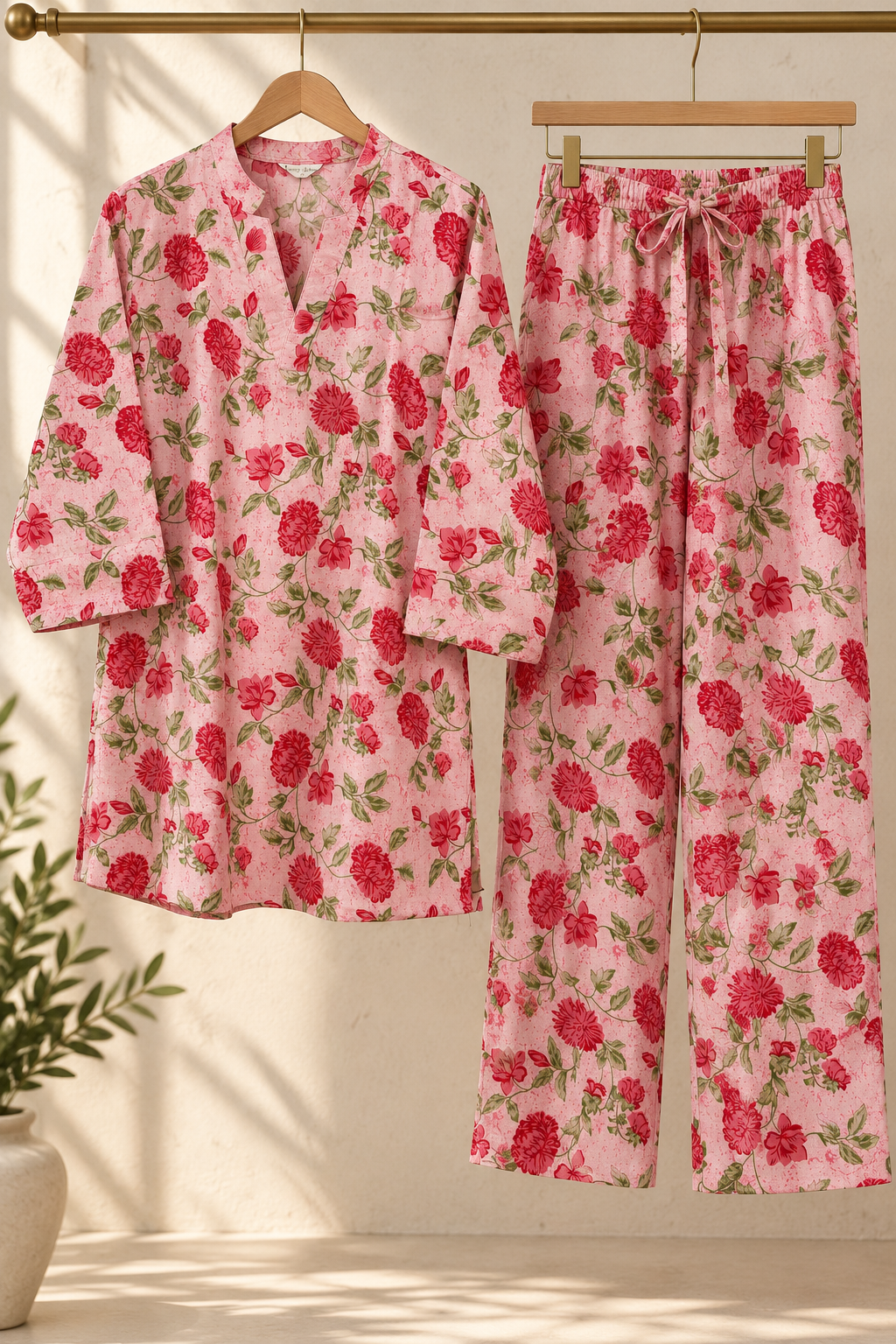 Blush Pink Floral Co-ord Set – Notched Neck Tunic & Matching Pants