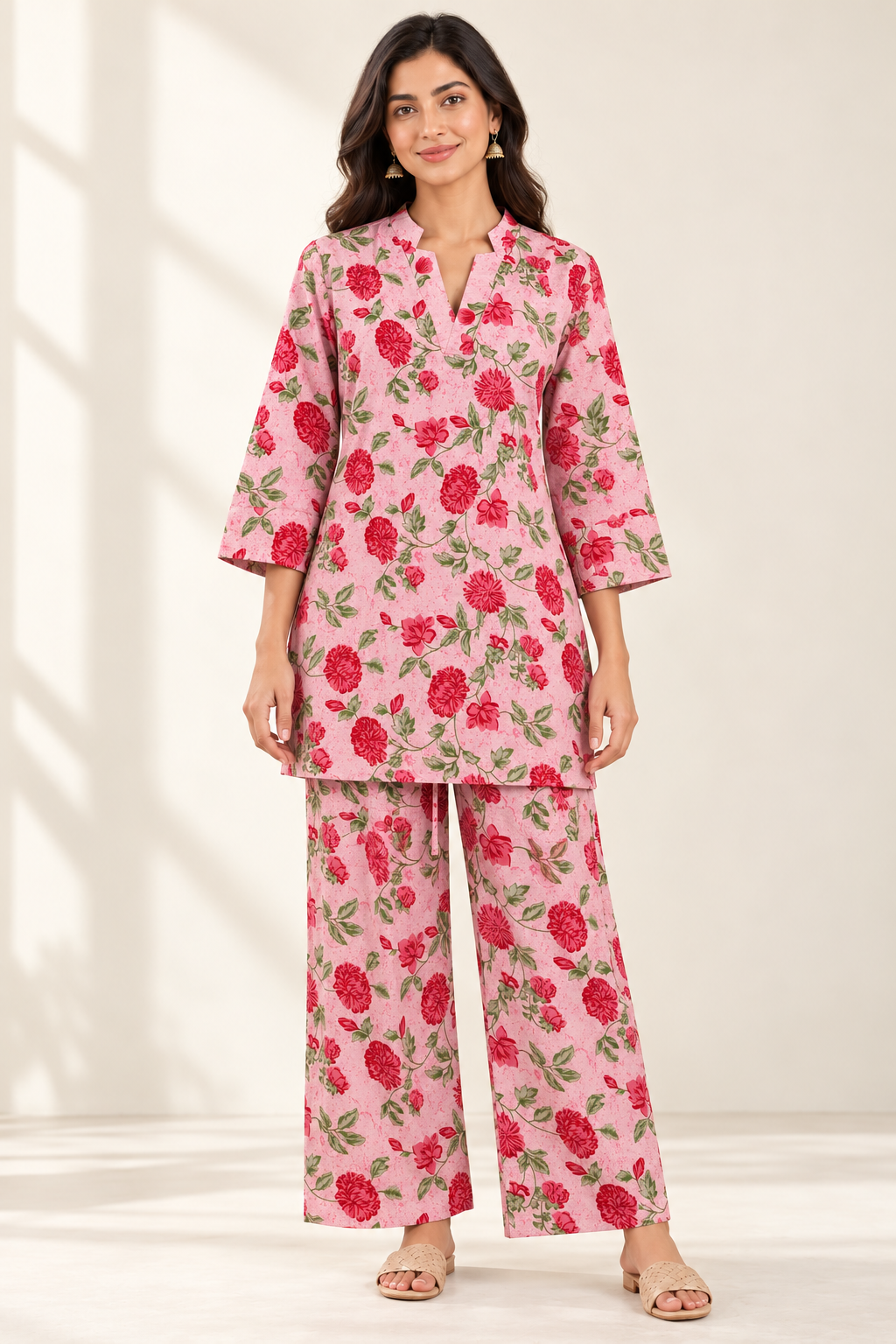 Blush Pink Floral Co-ord Set – Notched Neck Tunic & Matching Pants