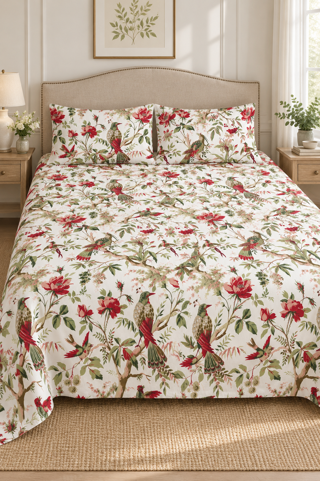 Red Floral & Bird Print King Flat Bedsheet Set with 2 Pillowcases