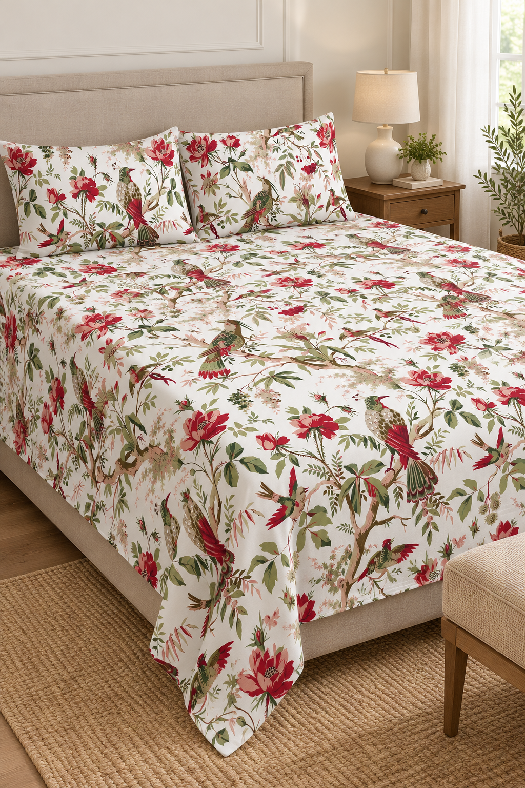 Red Floral & Bird Print King Flat Bedsheet Set with 2 Pillowcases