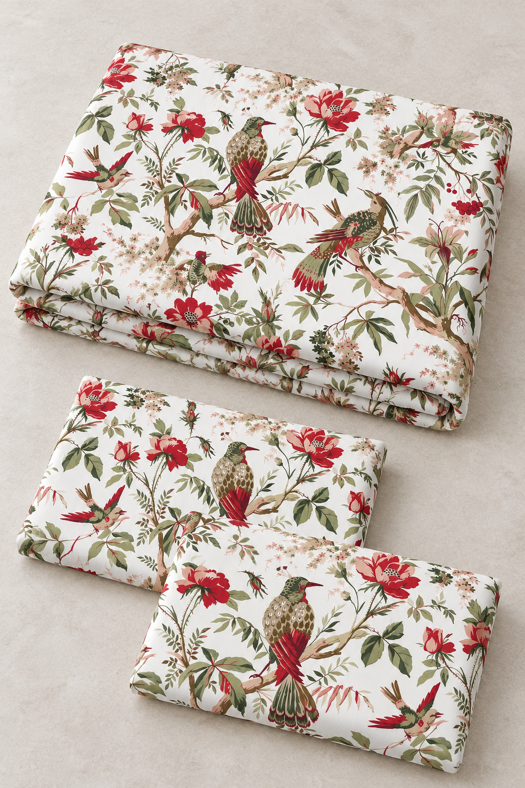 Red Floral & Bird Print King Flat Bedsheet Set with 2 Pillowcases