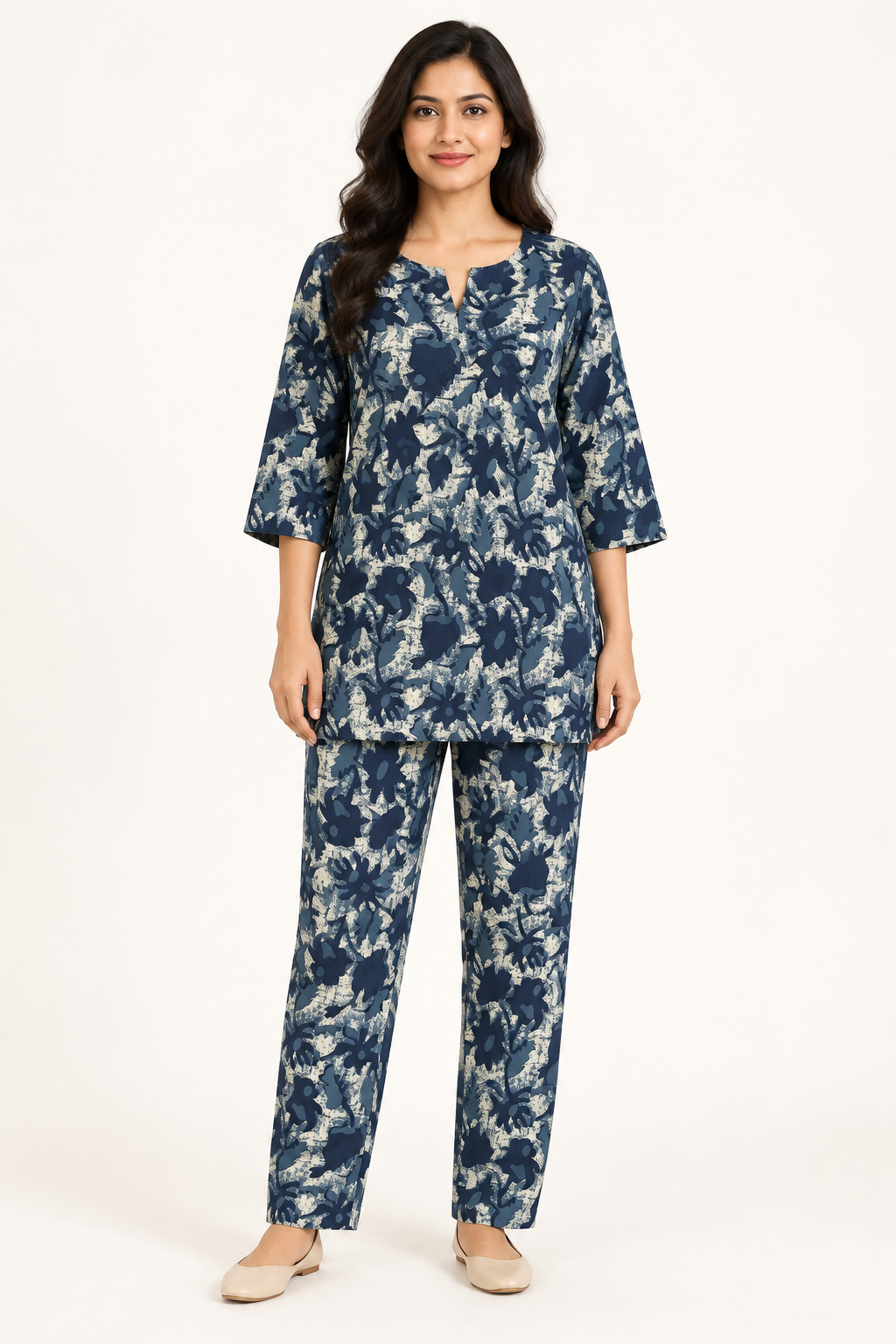 Navy & Ivory Abstract Floral Co-ord Set with Matching Pants