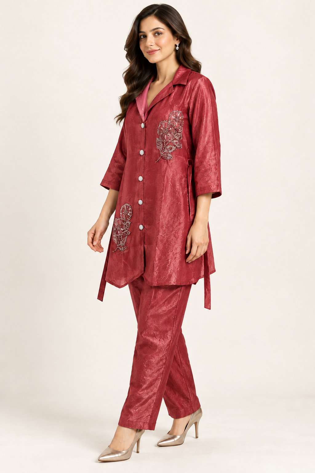 Rose Red Embellished Co-ord Set with Belt Option – Size 38