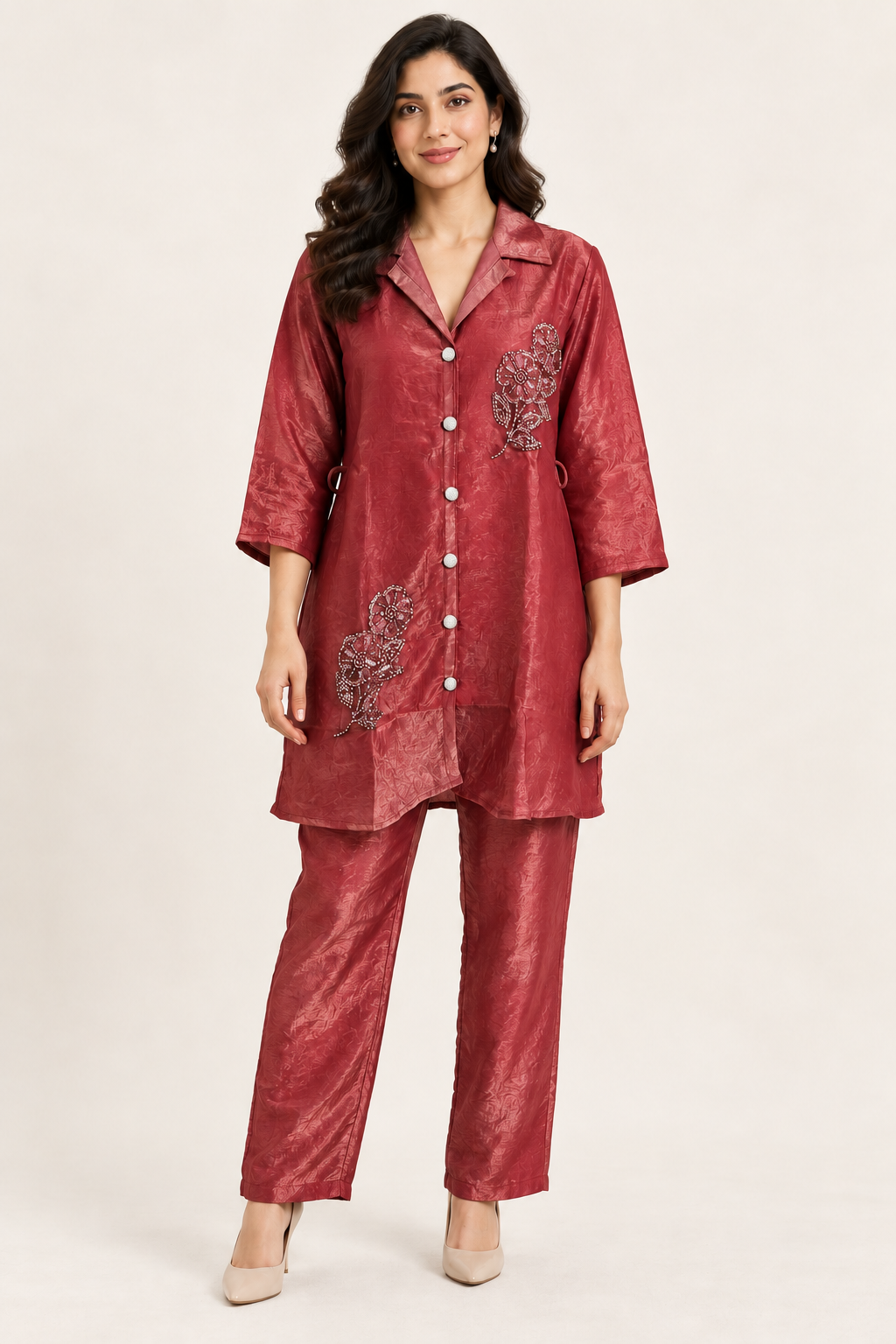 Rose Red Embellished Co-ord Set with Belt Option – Size 38