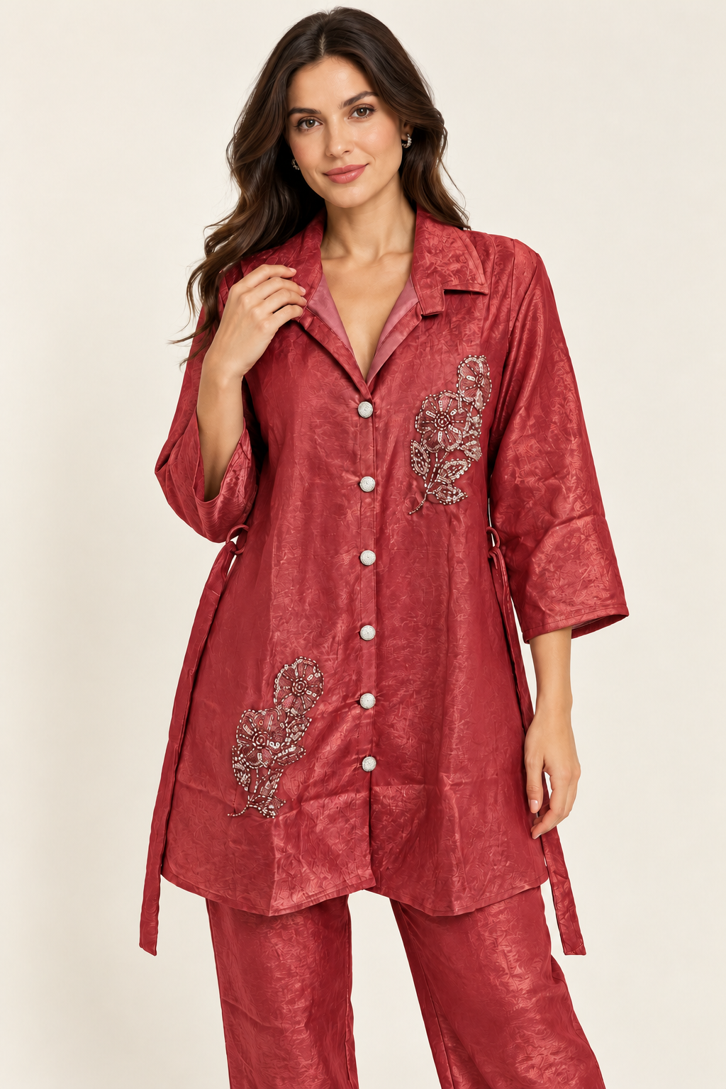 Rose Red Embellished Co-ord Set with Belt Option – Size 38