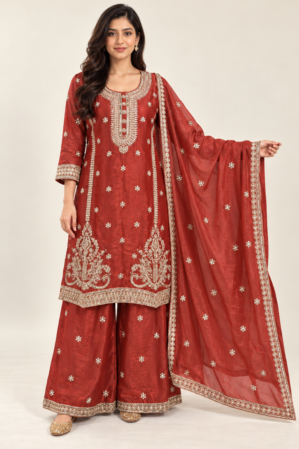 Brick Red Embroidered Kurta Palazzo Suit with Dupatta