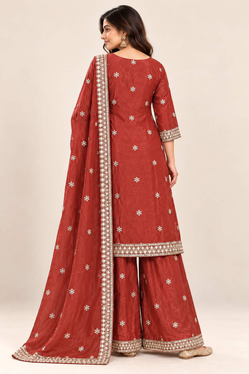 Brick Red Embroidered Kurta Palazzo Suit with Dupatta