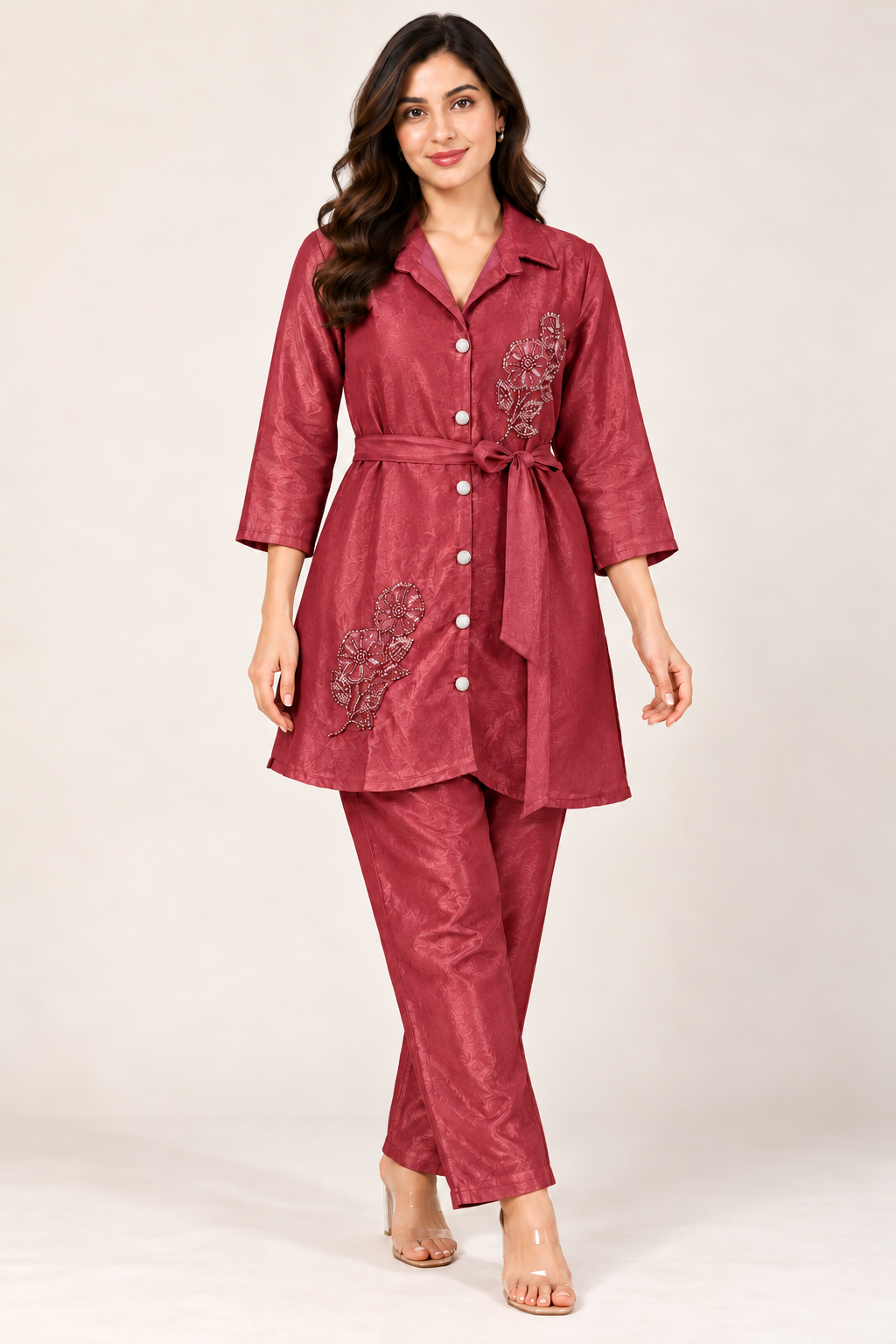 Rose Red Embellished Co-ord Set with Belt Option – Size 38