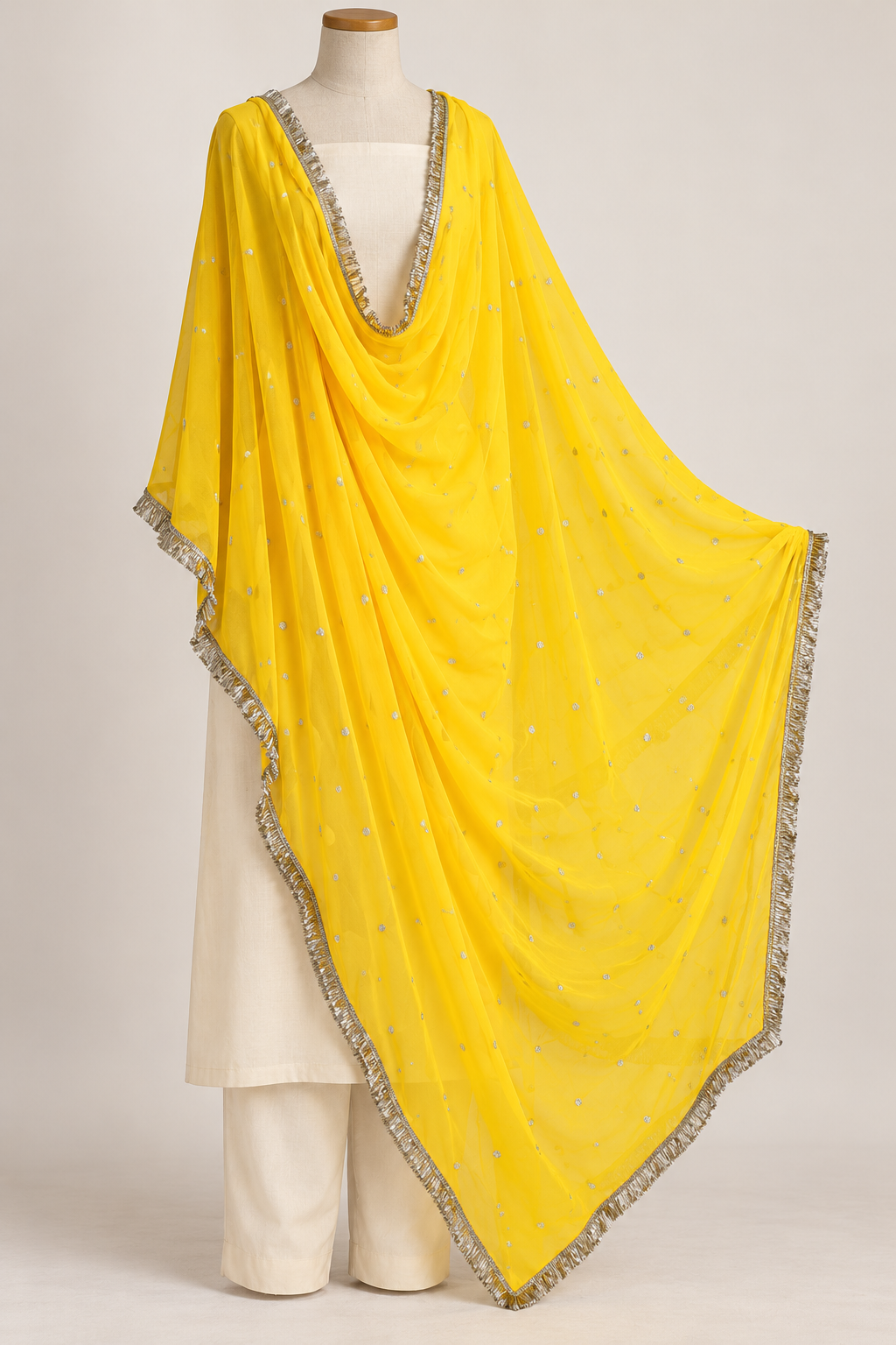 Yellow Faux Georgette Butti Dupatta with Metallic Border