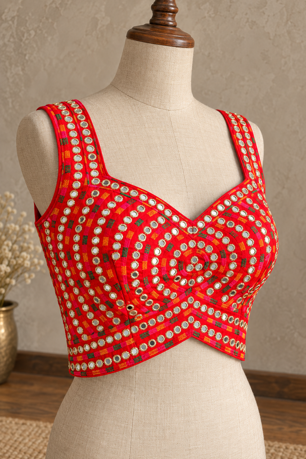 Red Mirror Work Raw Silk Applecut Blouse
