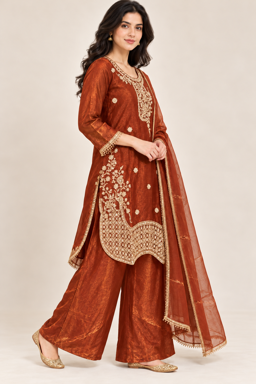 Rust Orange Gold Embroidered Kurta Palazzo Set with Dupatta