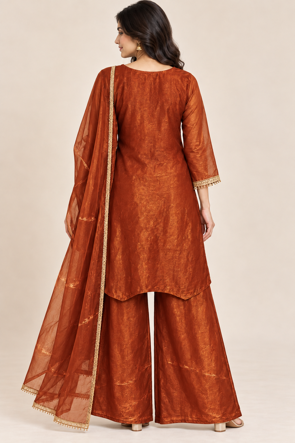 Rust Orange Gold Embroidered Kurta Palazzo Set with Dupatta