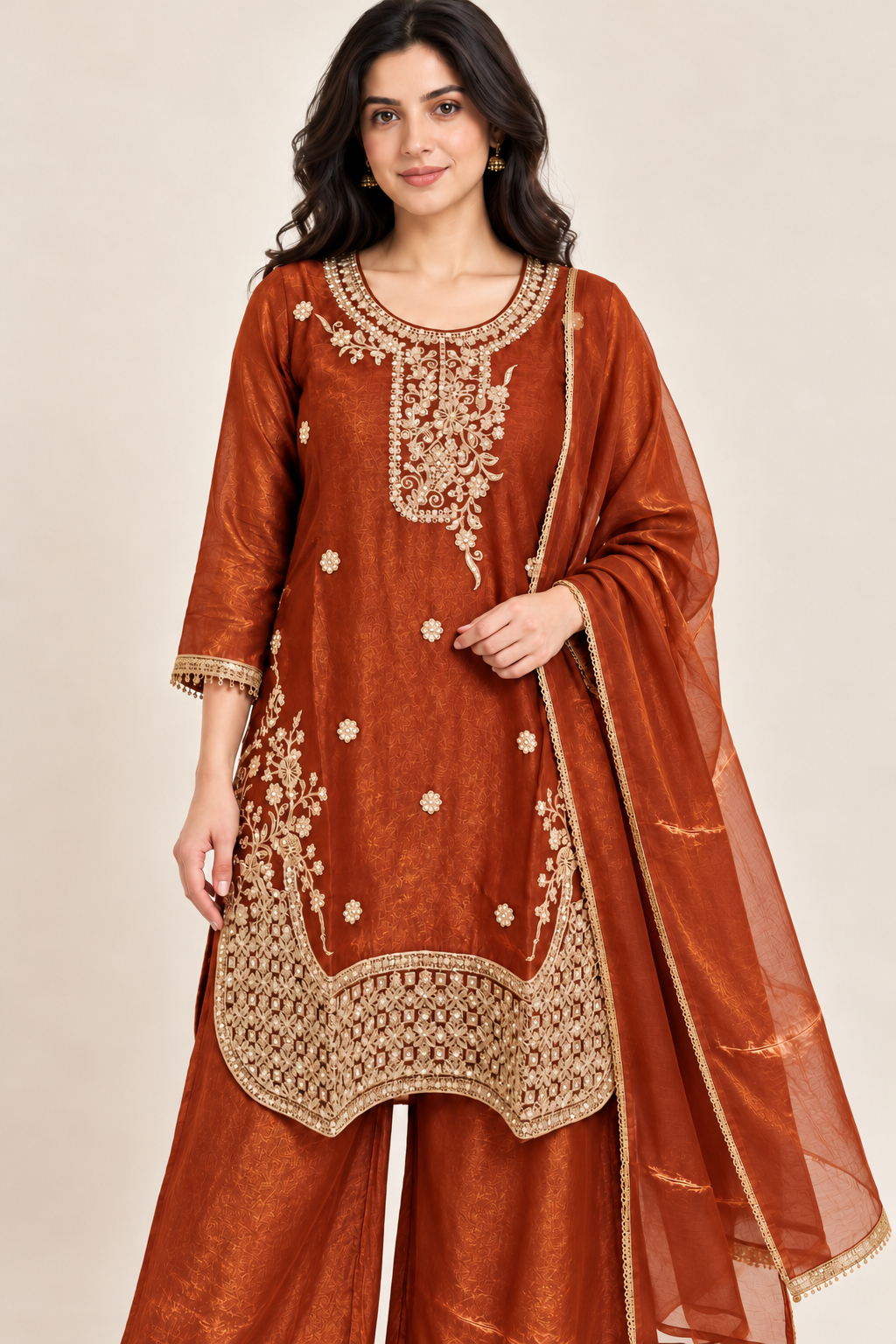 Rust Orange Gold Embroidered Kurta Palazzo Set with Dupatta