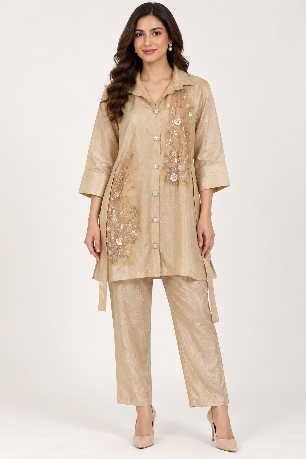 Champagne Beige Botanical Embellished Co-ord Set – Size 38