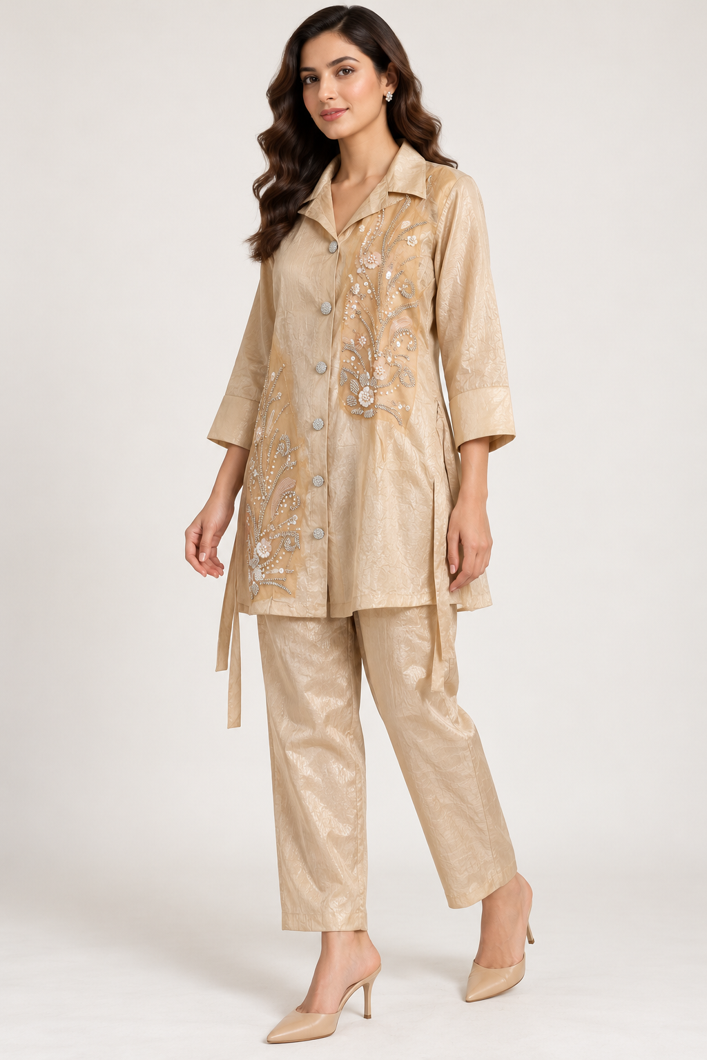 Champagne Beige Botanical Embellished Co-ord Set – Size 38