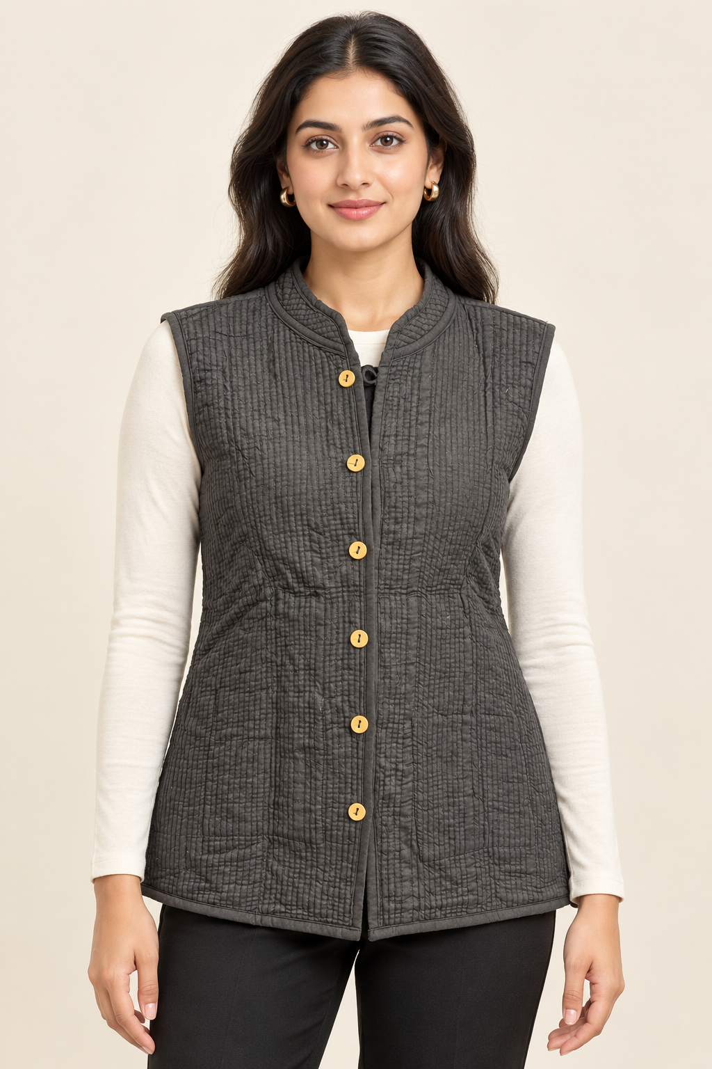 Women’s Reversible Quilted Sleeveless Jacket – Charcoal & Folk Print