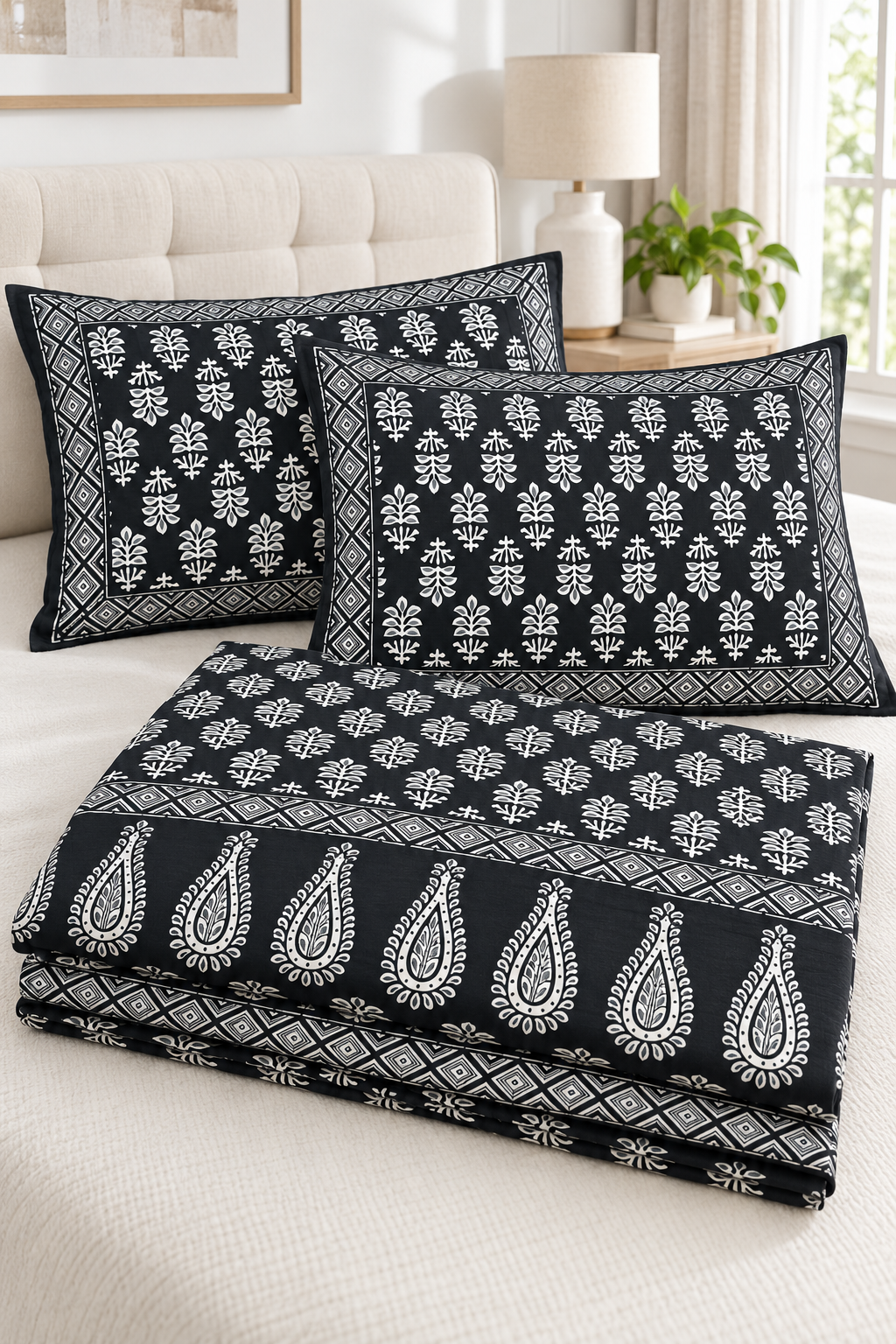Queen Size Flat Bedsheet with Matching Pillowcases – Black & White Botanical Paisley Print