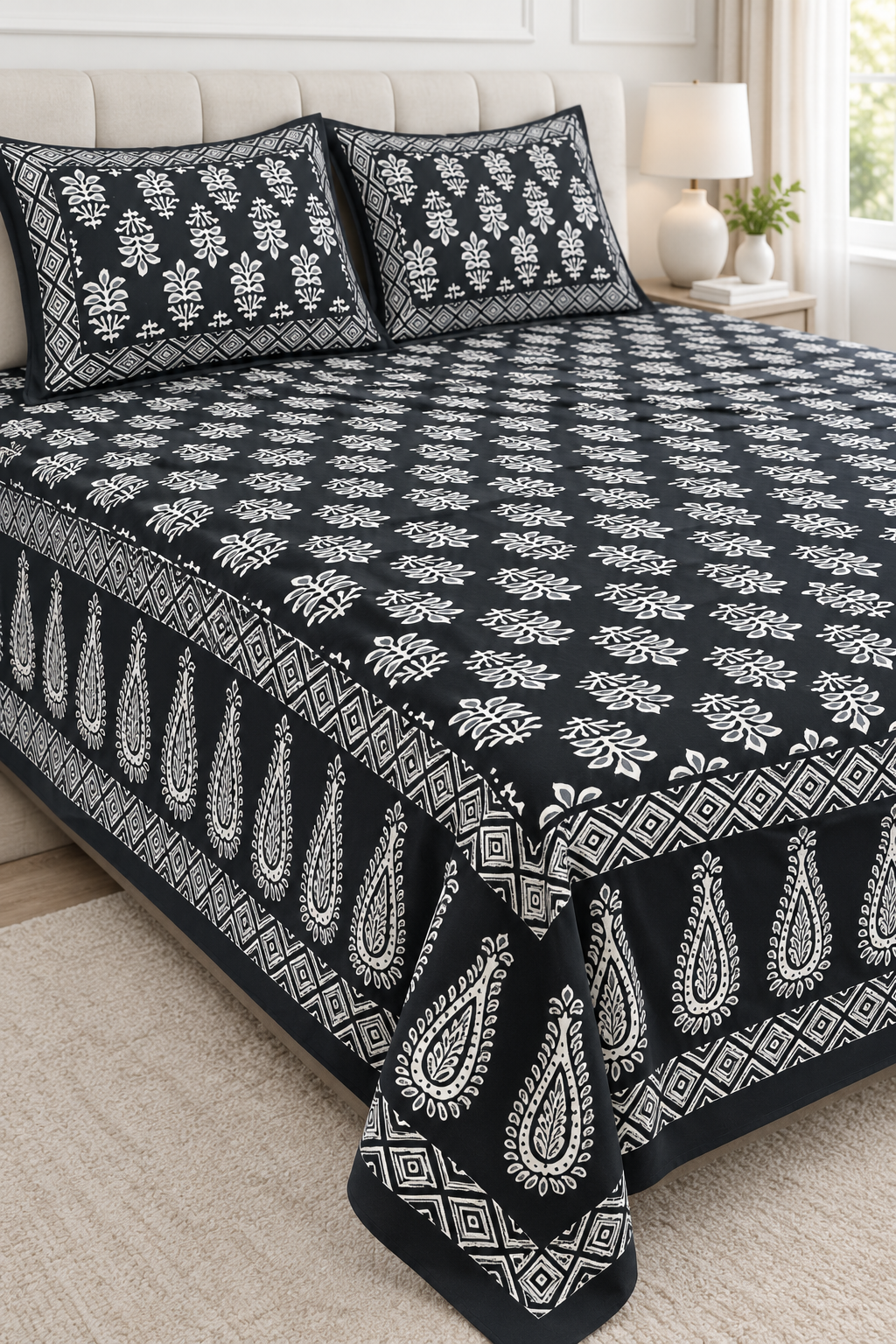 Queen Size Flat Bedsheet with Matching Pillowcases – Black & White Botanical Paisley Print
