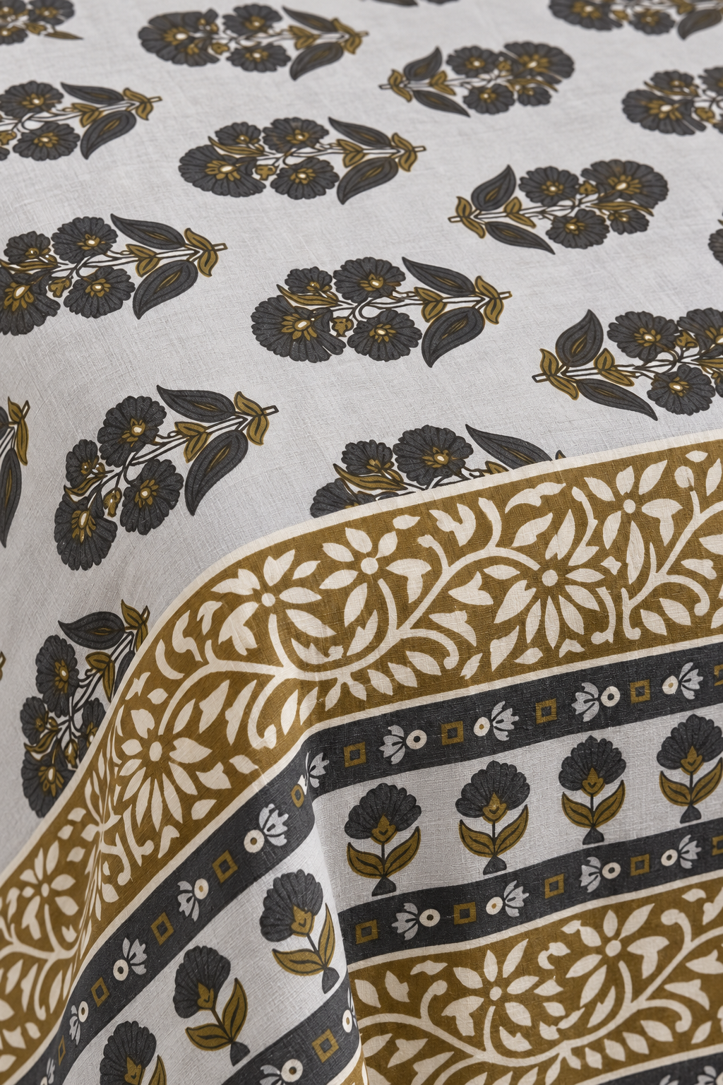 Charcoal & Olive Floral Queen Flat Bedsheet Set with 2 Pillow Covers