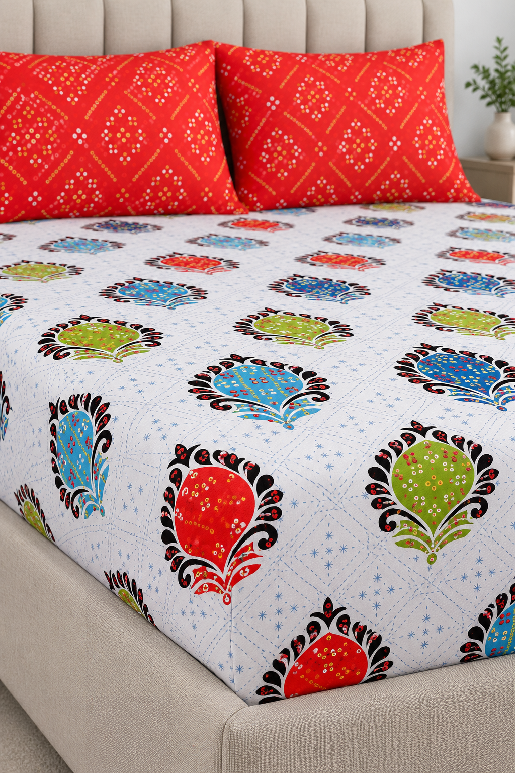 Multicolor Medallion Queen Fitted Bedsheet Set with 2 Red Pillow Covers — 16″ Deep Pocket