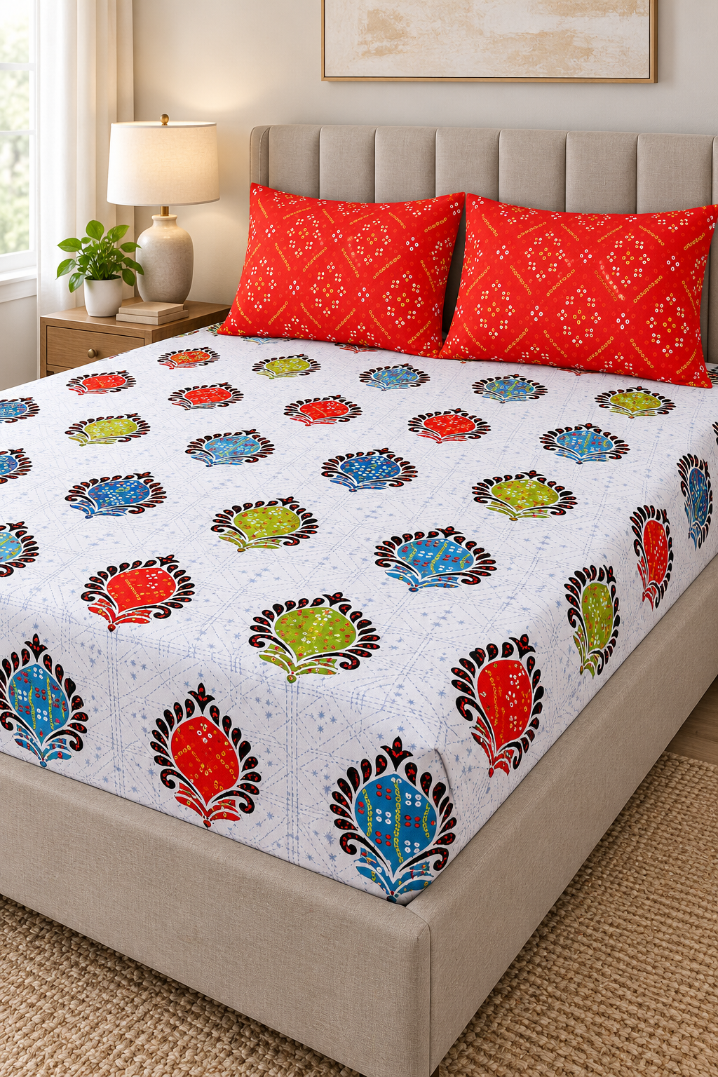 Multicolor Medallion Queen Fitted Bedsheet Set with 2 Red Pillow Covers — 16″ Deep Pocket