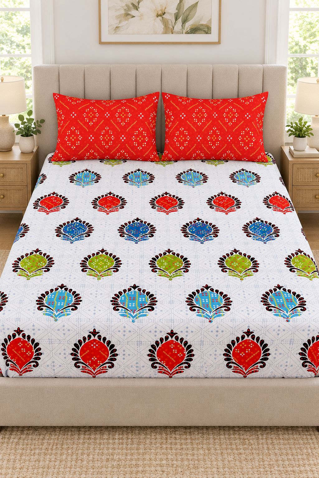Multicolor Medallion Queen Fitted Bedsheet Set with 2 Red Pillow Covers — 16″ Deep Pocket