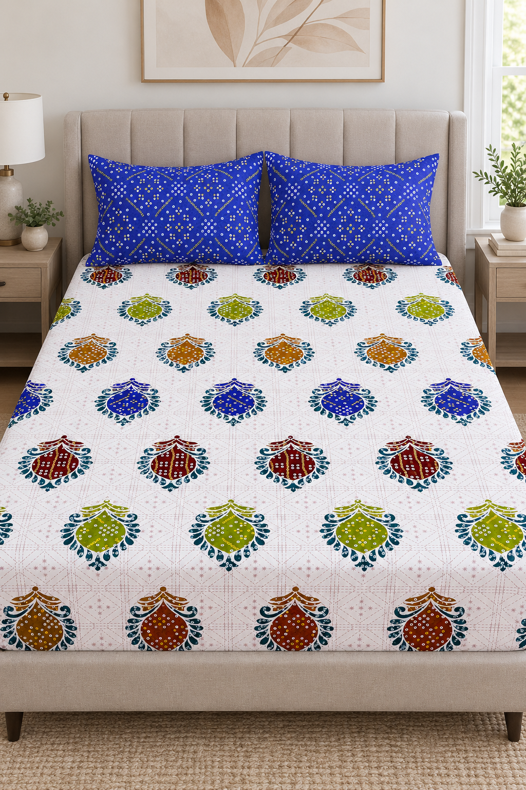 Multicolor Medallion Queen Fitted Bedsheet Set with 2 Royal Blue Pillow Covers — 16″ Deep Pocket