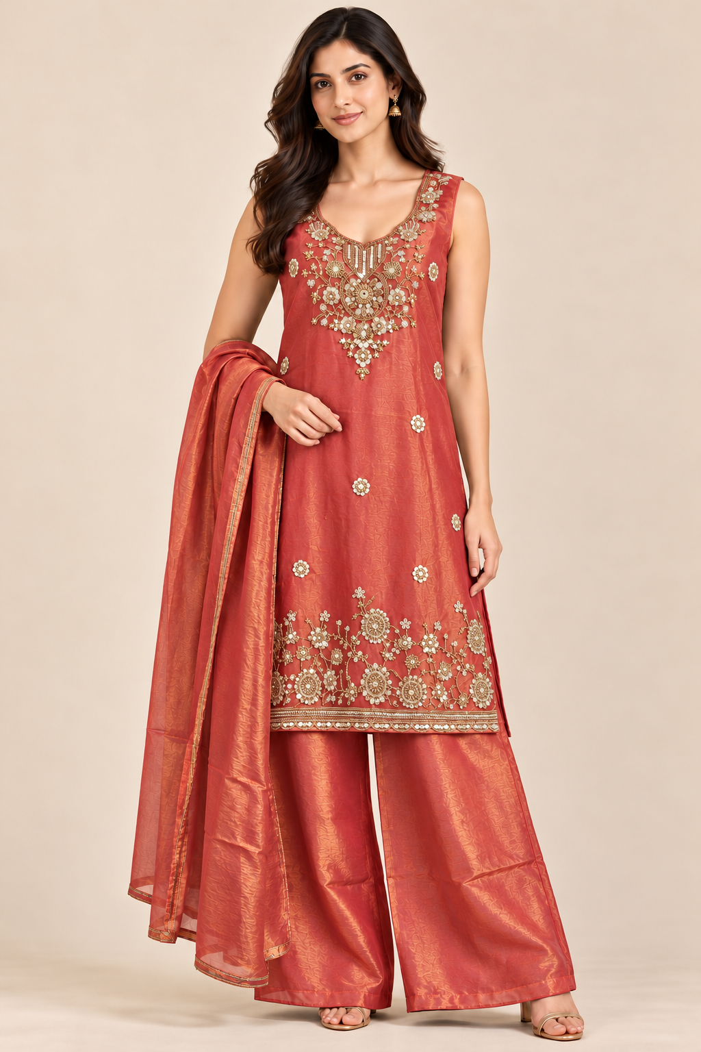Coral Red Sleeveless Embroidered Kurta Palazzo Set with Dupatta