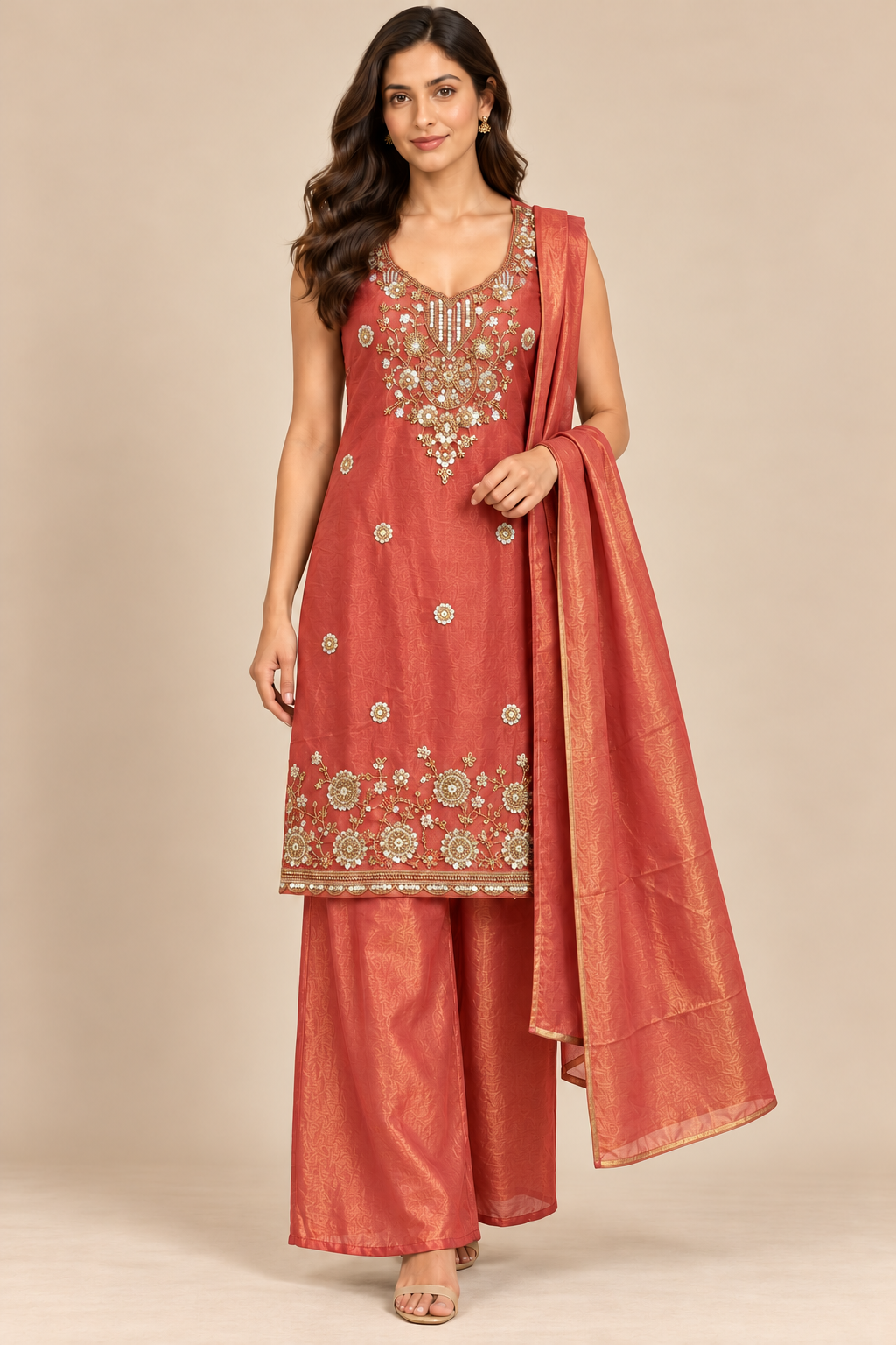 Coral Red Sleeveless Embroidered Kurta Palazzo Set with Dupatta