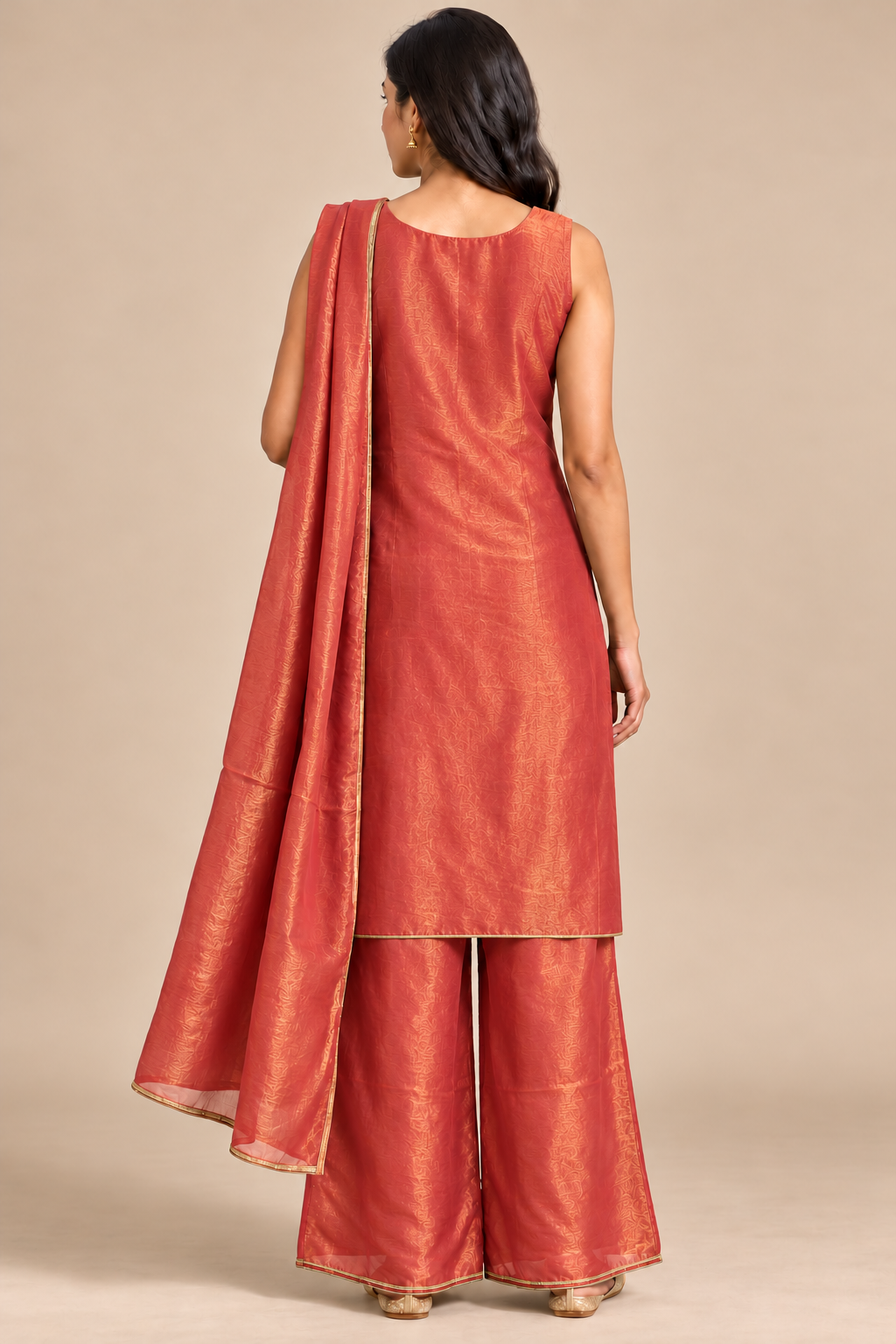 Coral Red Sleeveless Embroidered Kurta Palazzo Set with Dupatta