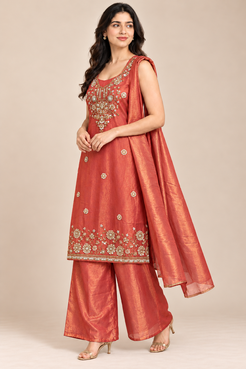 Coral Red Sleeveless Embroidered Kurta Palazzo Set with Dupatta