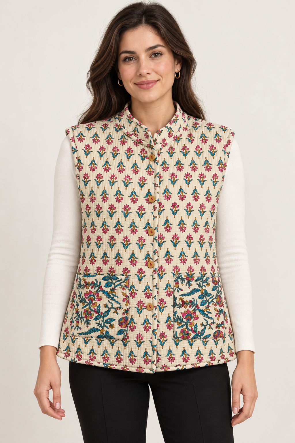 Women’s Reversible Floral Quilted Sleeveless Jacket – Cream, Teal & Pink