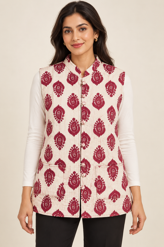 Women’s Reversible Paisley Quilted Sleeveless Jacket – White & Pink