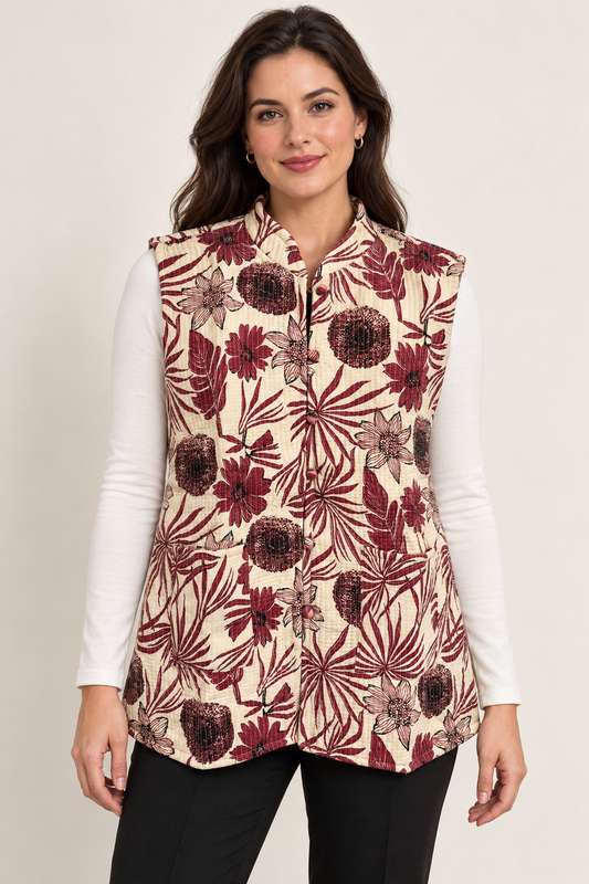 Women’s Reversible Floral Quilted Sleeveless Jacket – Cream & Dusty Rose