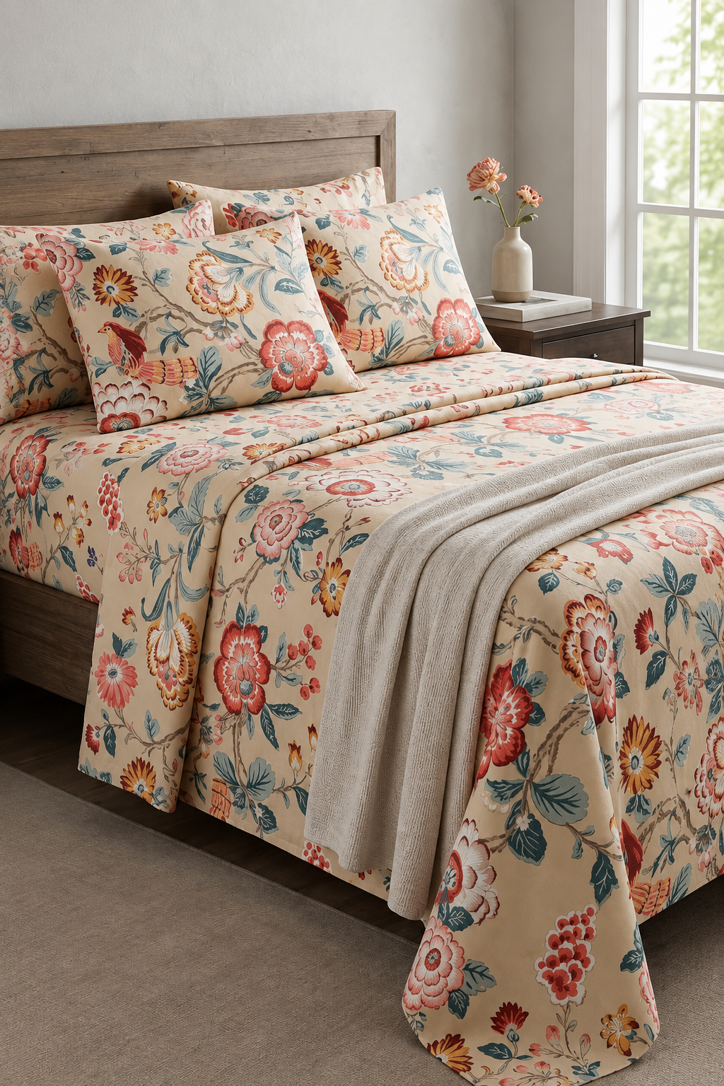 100% Cotton King Size Bedsheet with 2 Pillow Covers | Beige & Red Floral Print