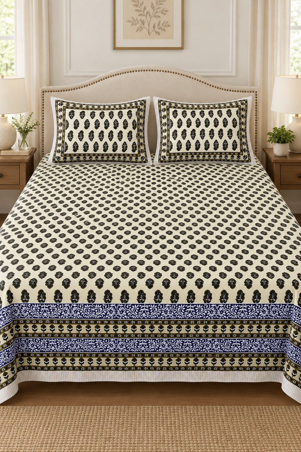 Queen Size Flat Bedsheet with Matching Pillowcases – Cream & Black Motif Print