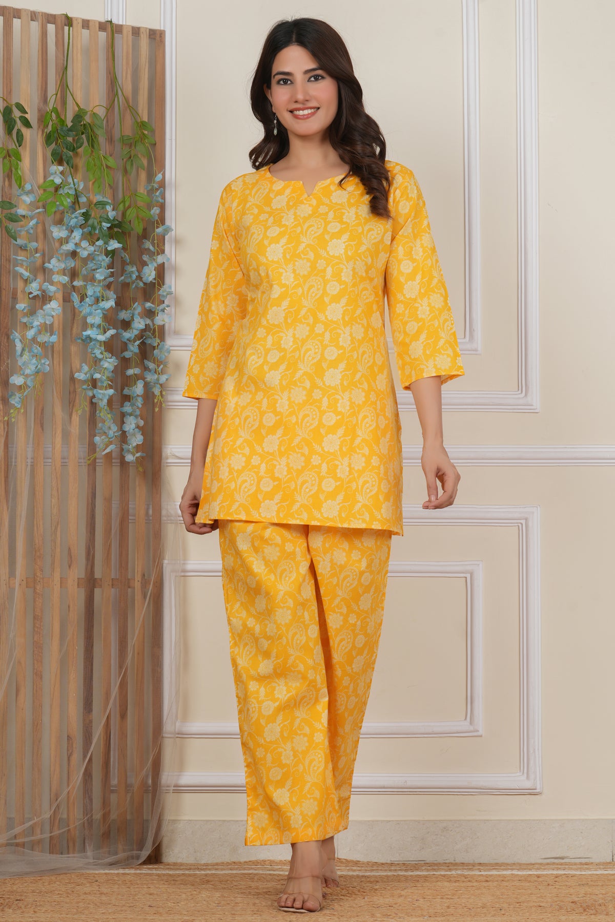 Yellow Floral Cotton Co-ord Set for Women | Matching 2-Piece Outfit