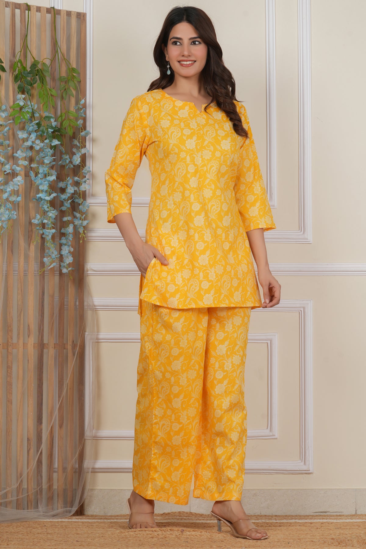 Yellow Floral Cotton Co-ord Set for Women | Matching 2-Piece Outfit