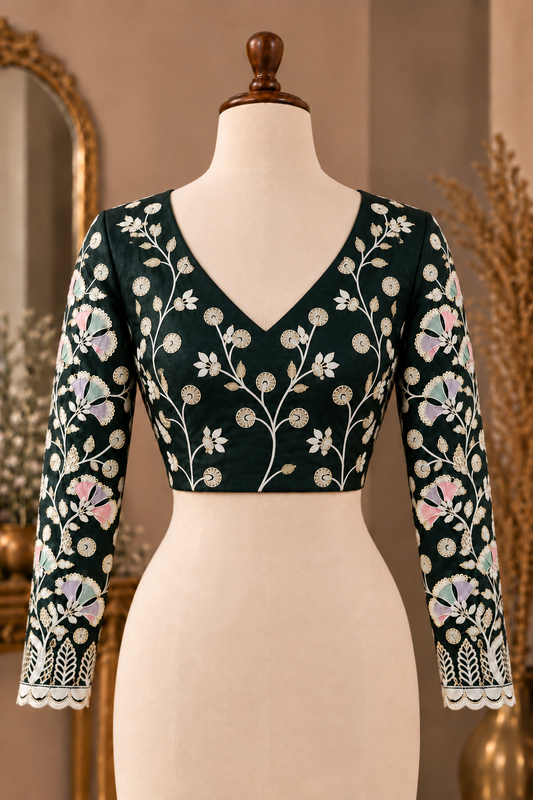 Floral Vine Embroidered Saree Blouse | Green