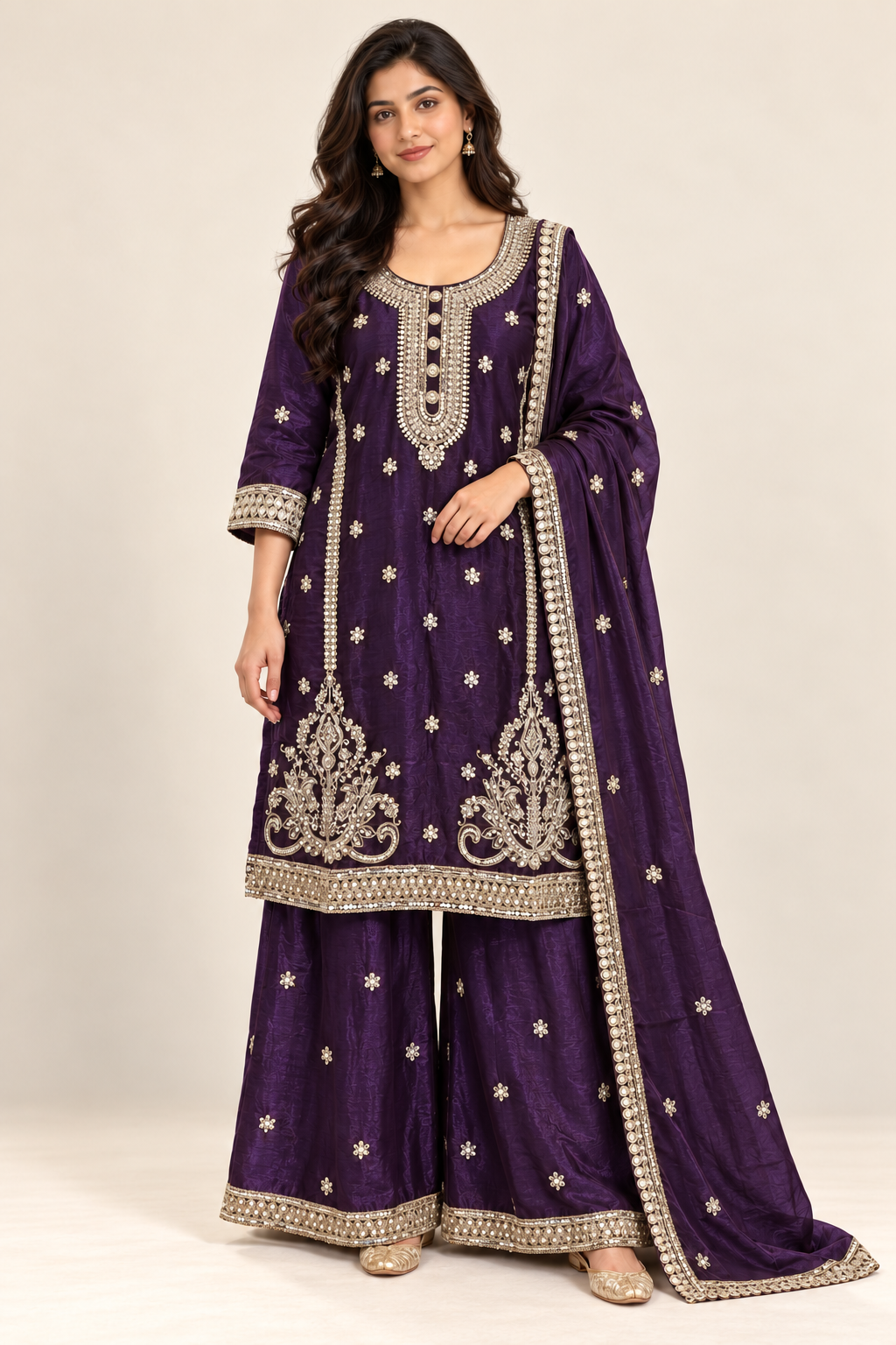Deep Purple Embroidered Kurta Palazzo Suit with Dupatta