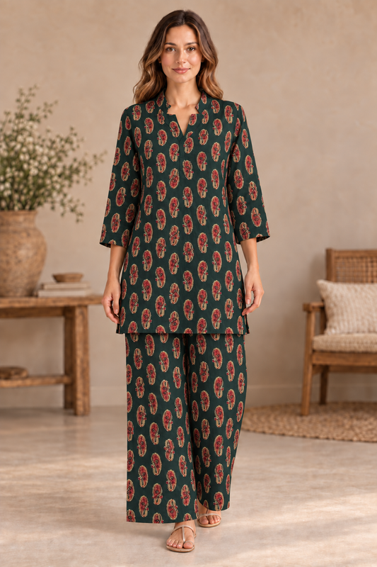 Dark Green Paisley Cotton Co-ord Set with Palazzo Pants
