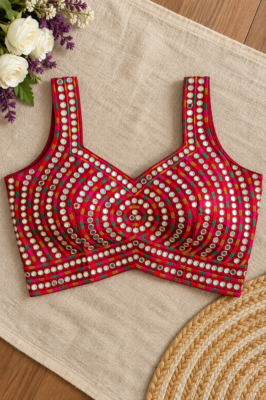 Maroon Mirror Work Raw Silk Applecut Blouse