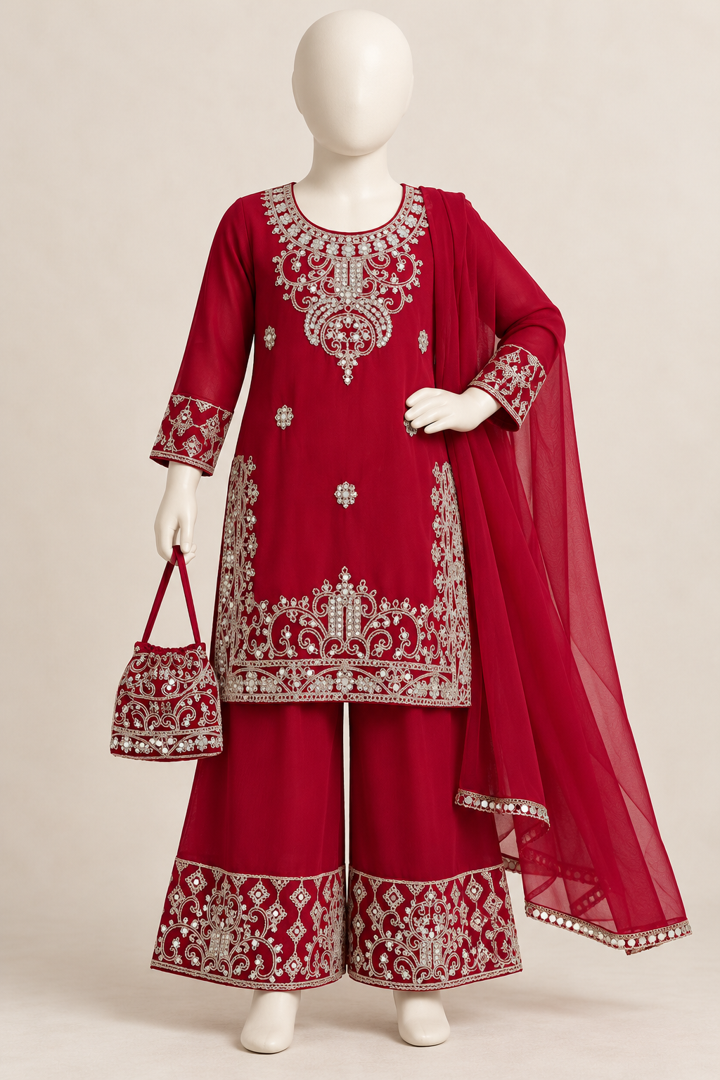 Girls’ Red Georgette Kurti Palazzo Set with Dupatta & Potli